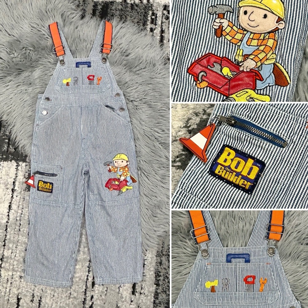 Vintage Y2K Bob The Builder Pinstripe Embroidered Overalls Size 4T EUC
